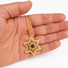 14K Gold Filigree Star of David Pendant with Red Garnet – Handmade in Israel