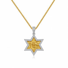 Gold Star of David necklace with diamond frame on white background Jewish jewelry Israel
