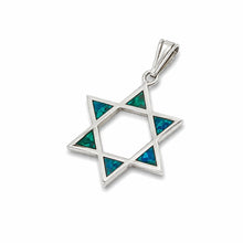 
Star of David pendant in sterling silver set with green Eilat stone, classic Magen David necklace symbolizing Jewish identity, faith and protection handcrafted in Israel