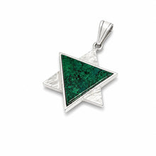 Star of David pendant in sterling silver set with green Eilat stone, classic Magen David necklace symbolizing Jewish identity, faith and protection handcrafted in Israel