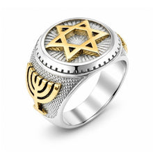 Silver ring with gold Star of David and Menorah design on a white background