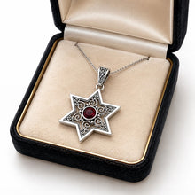 925 Silver Star of David Pendant Filigree Work Set With Garnet Stone