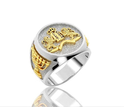 Gold Ten comandments mens lion ring