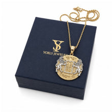 A gold and silver pendant necklace displayed on a dark navy blue presentation box with gold 'YOELS JEWELRY' branding, set against a plain white background.