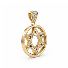 Gold pendant with Star of David design on a white background