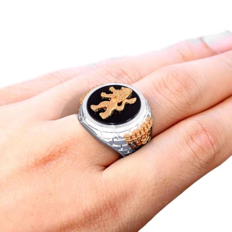 14K Gold Menorah Lion of Judah Ring inside finger