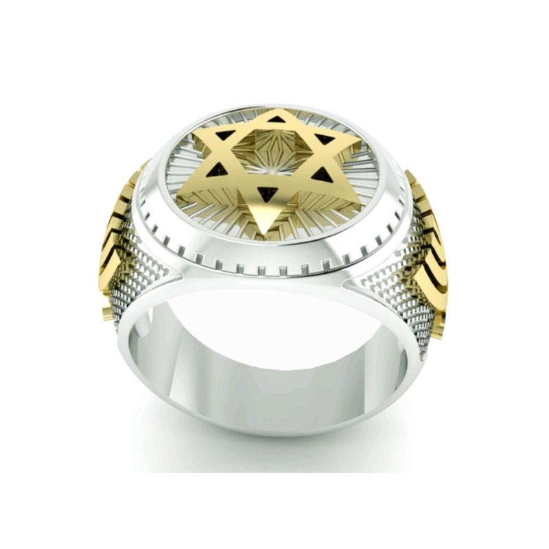 14K Gold Menorah Star of David Men Ring front View