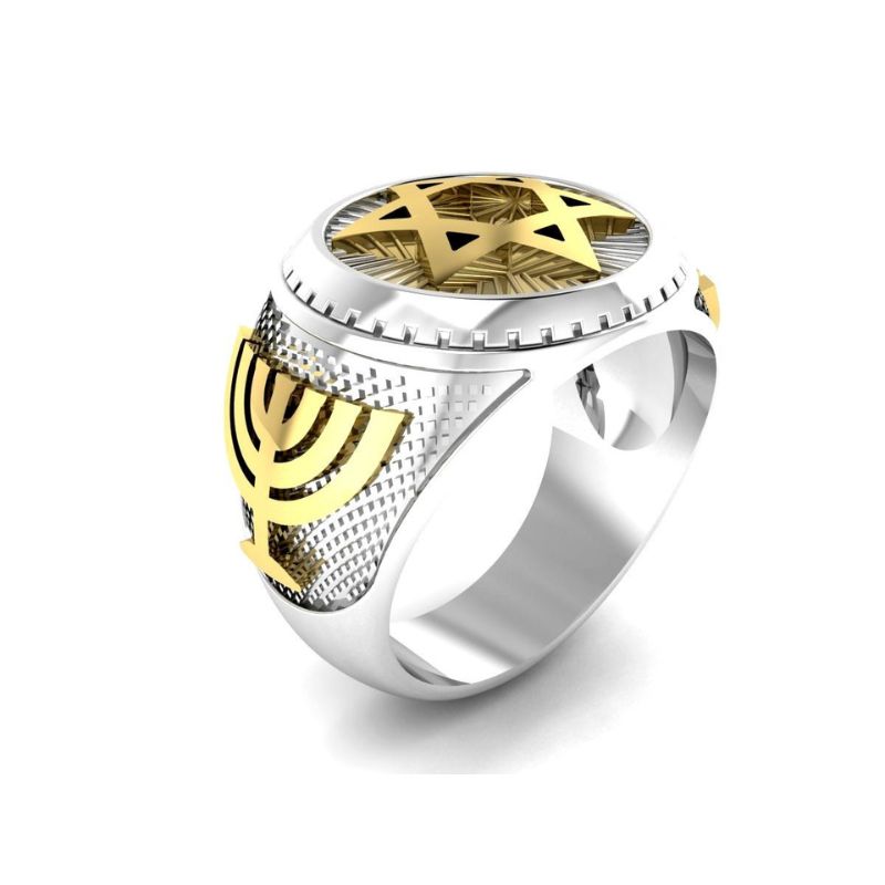 14K Gold Menorah Star of David Men Ring Side View