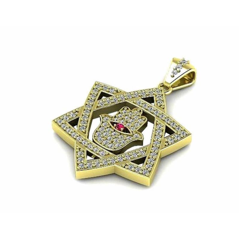 14K Gold Star of David Hamsa Pendent Side View