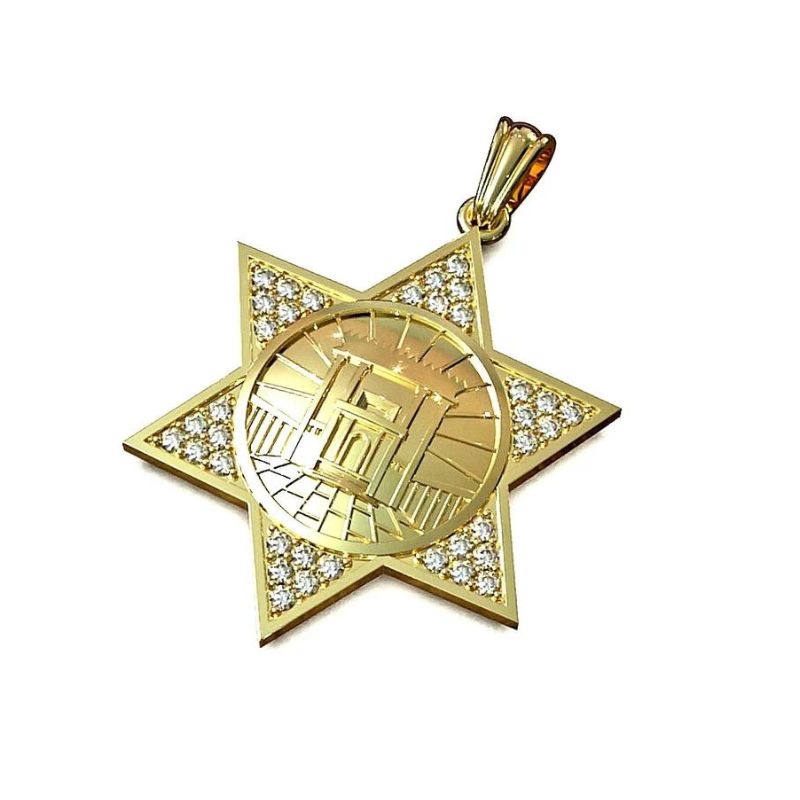 14K Gold Star of David Holy Temple Pendant Close View