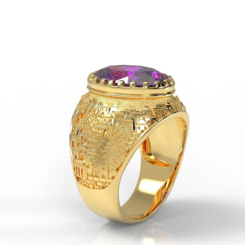 14k Gold Amethyst stone 3D Jerusalem Ring Side View