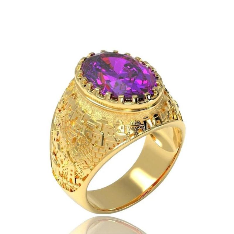 14k Gold Amethyst stone 3D Jerusalem Ring Close View