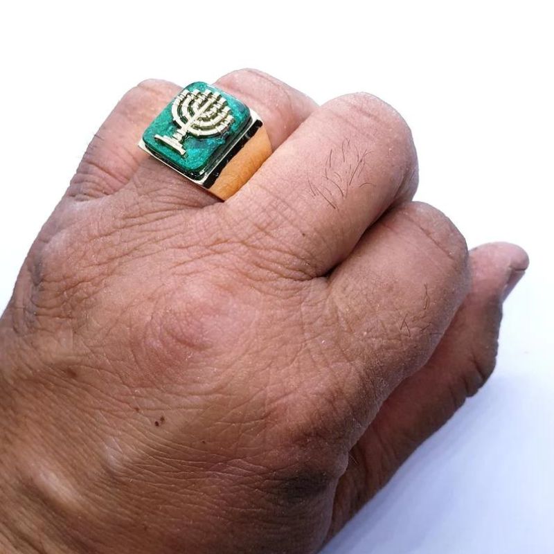 14k Gold Eilat Stone Menorha Ring on finger