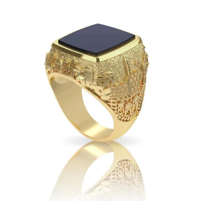 14k Gold Onyx Stone 3D Jerusalem Ring Close View