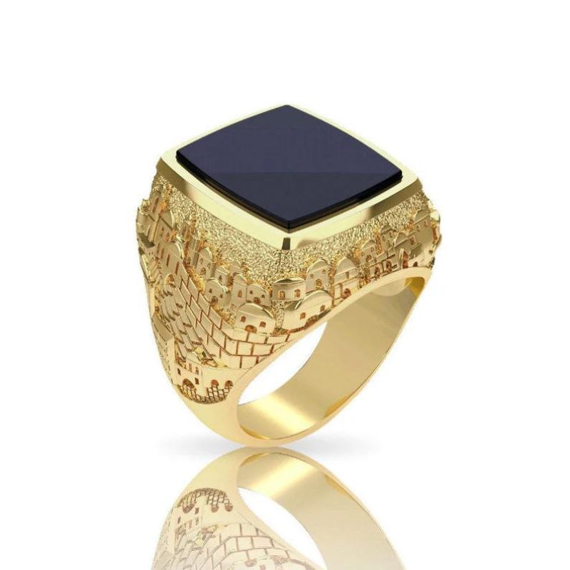 14k Gold Onyx Stone 3D Jerusalem Ring Front View