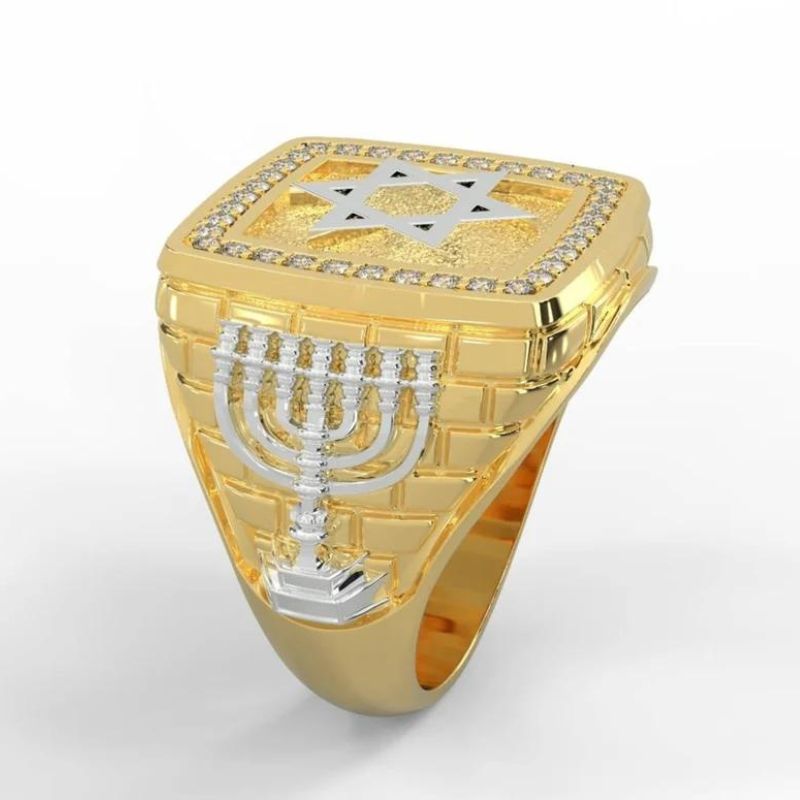 14k Gold Diamonds Star of David Menorah Ring 