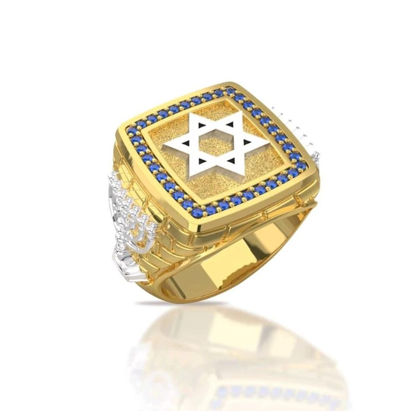 14k Gold Sapphire Star of David Menorah Ring