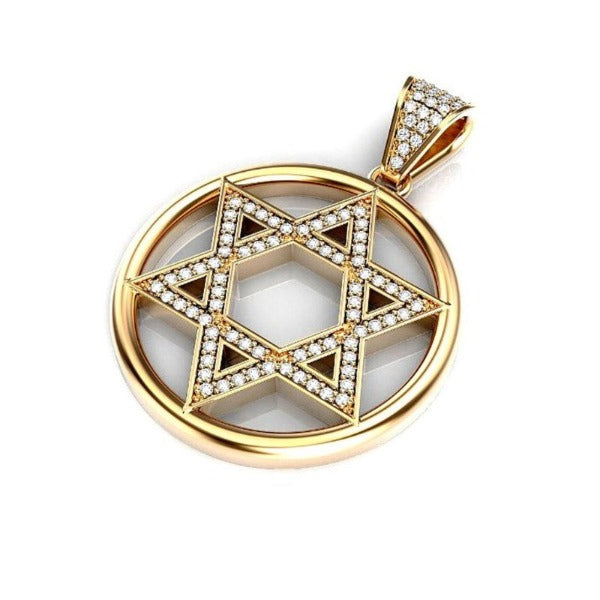 14k Gold Star of David Diamond Round Pendant Gold Colro