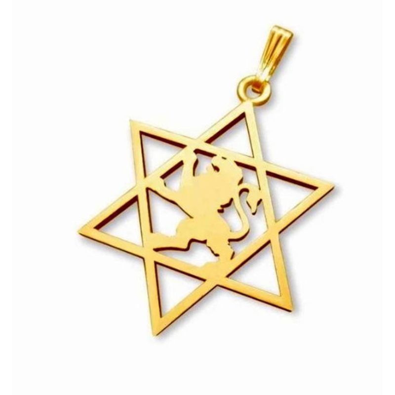 14k Gold Star of David Lion of Judah Pendant Front View