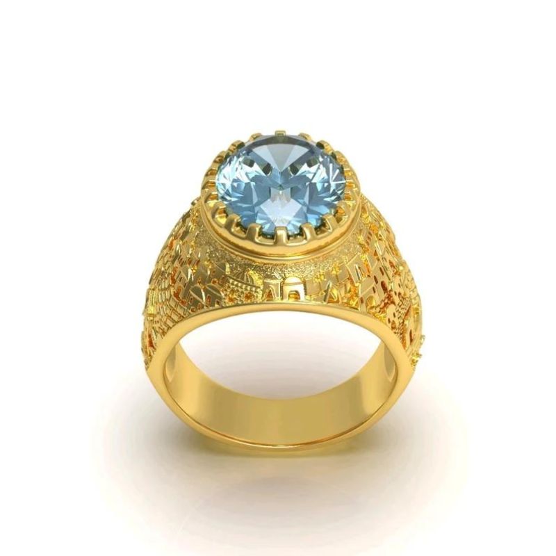 14k Gold Topaz Stone 3D Jerusalem Ring Front View