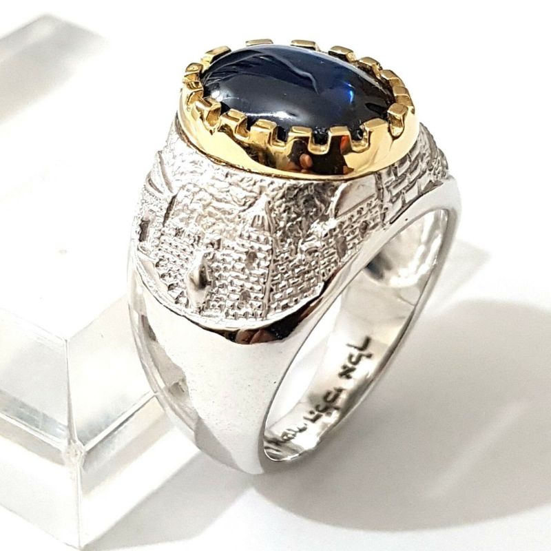 14k White Gold Sapphire Stone 3D Jerusalem Ring Close View