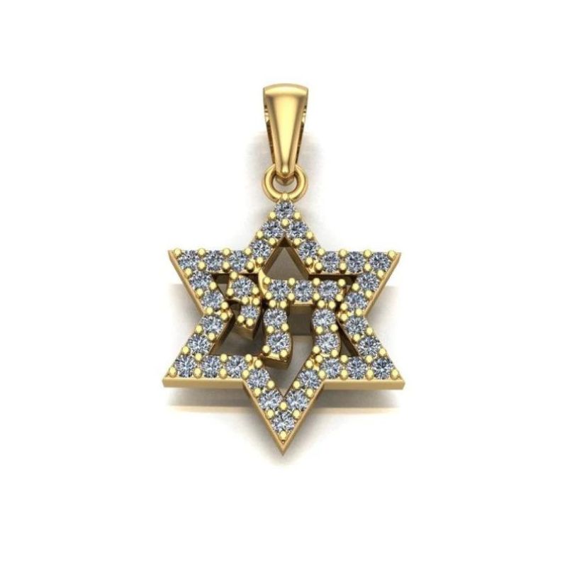 14k Yellow Gold Jewish Star of David Chai Pendant Front View