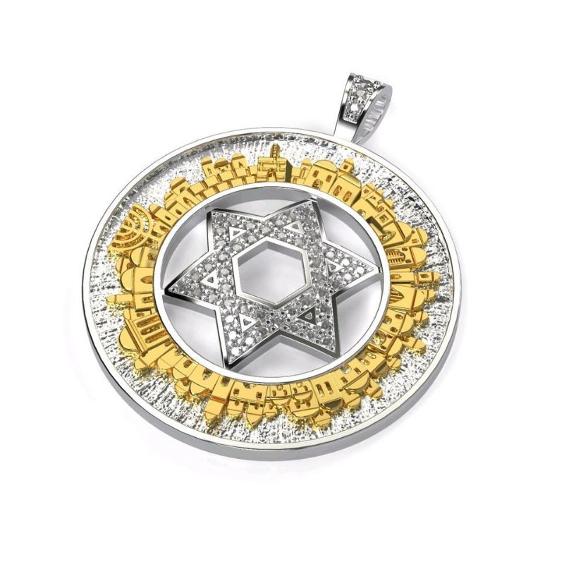 18k Gold 3D Skyline Jerusalem Pendant with Star of David Side View