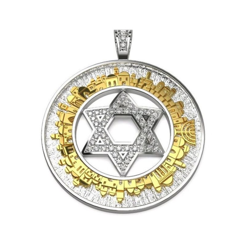 18k Gold 3D Skyline Jerusalem Pendant with Star of David Front View