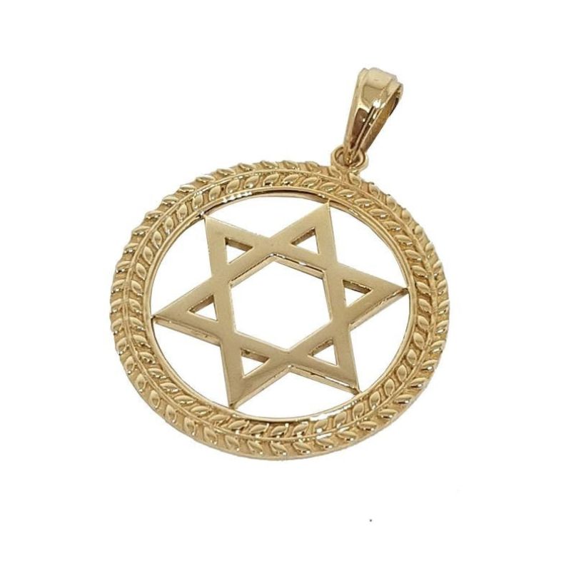 4k Gold Star of David Floral Round Pendant Front View