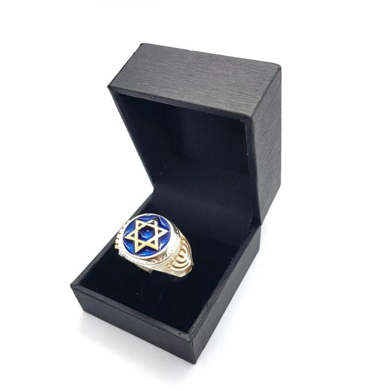 925 Silver 9K Gold Star of David Ring With Blue Enamel Inside box