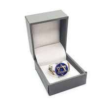 925 Silver 9K Gold Star of David Ring With Blue Enamel inside box