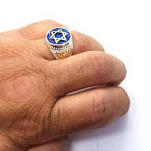 925 Silver 9K Gold Star of David Ring With Blue Enamel finger view