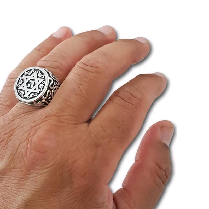 925 Silver Ornamented Star of David Jewish Ring on finger