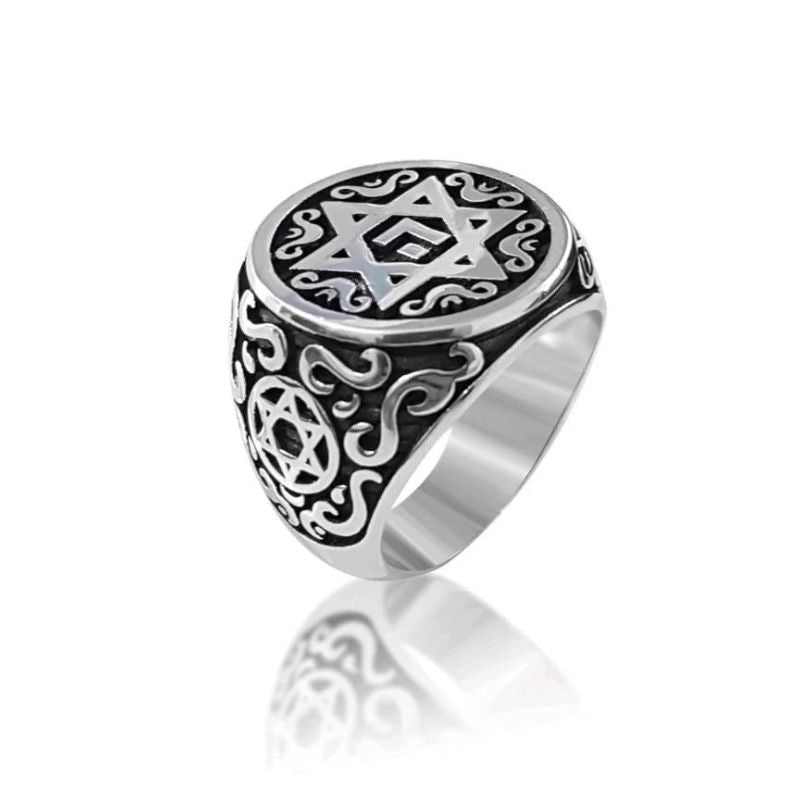 925 Silver Ornamented Star of David Jewish Ring Front View