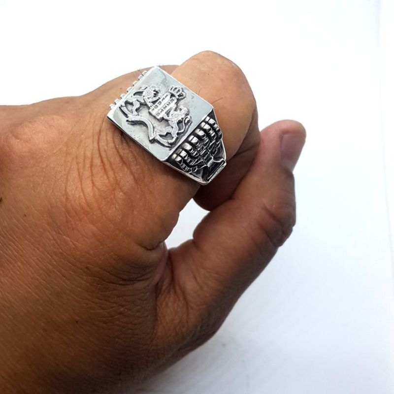 925 Silver Ten Commandments Lion of Judah Ring on finger