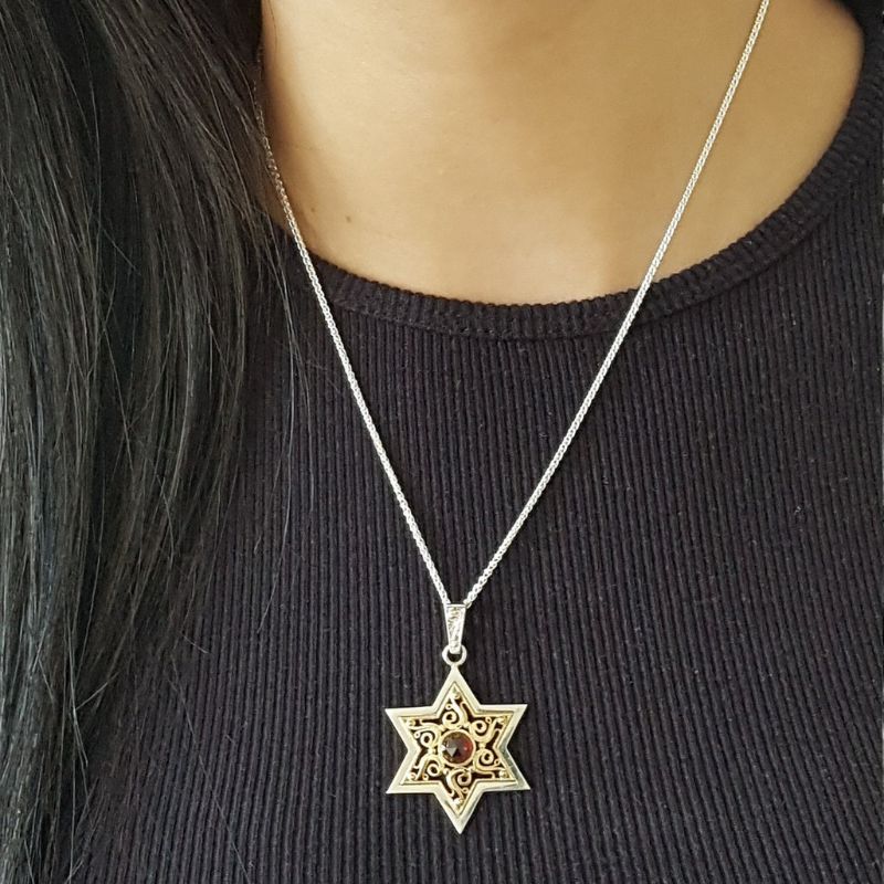 9k Gold Filigree Star of David Pendant on neck