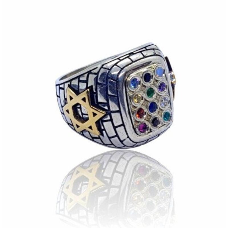 9k Gold Silver Star of David Hoshen Ring Front View