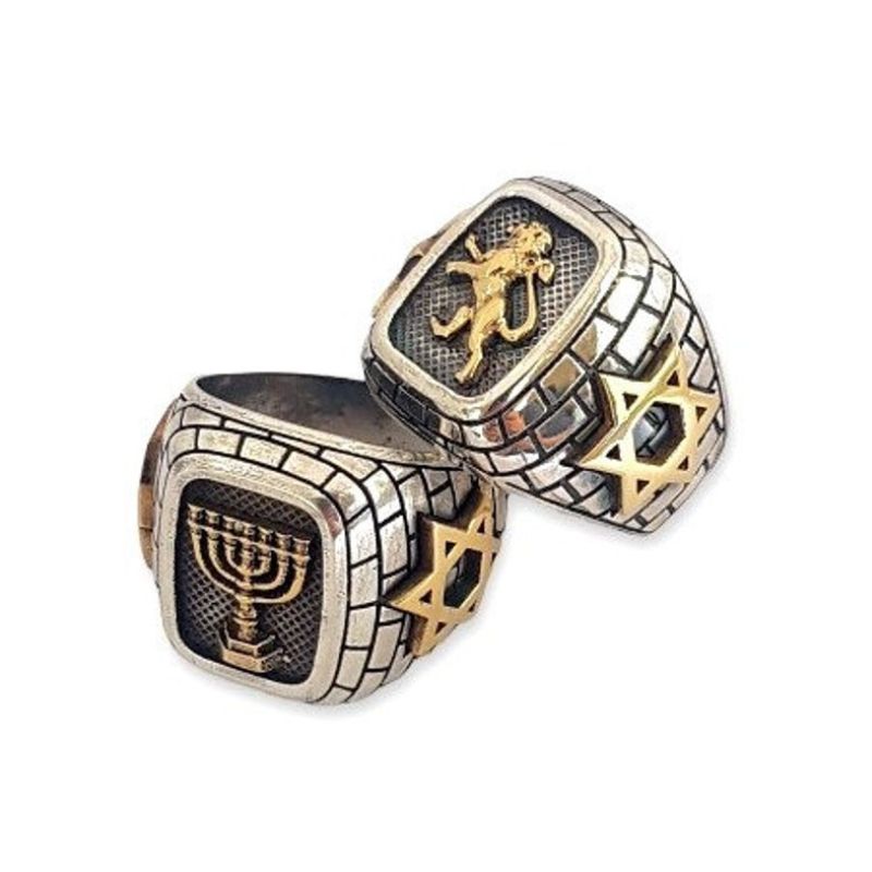 925 Silver Gold Star of David Menorah Ring, Lion Ring Front View