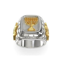 925 Silver Gold Star of David Menorah Ring, Lion Ring Front View