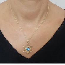 14K Gold Star of David Roman Glass Pendant on neck