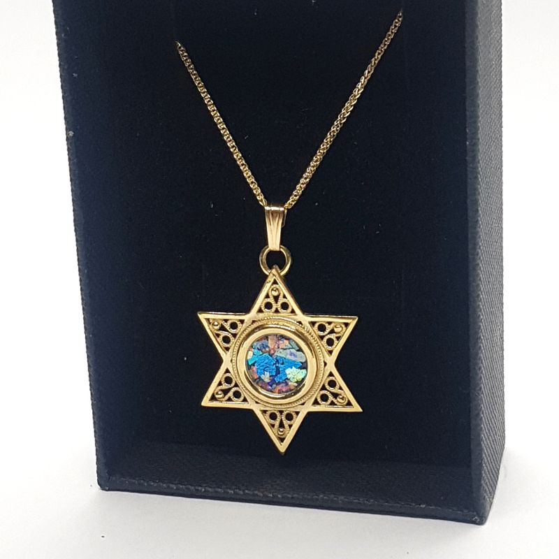 14K Gold Star of David Roman Glass Pendant inside box