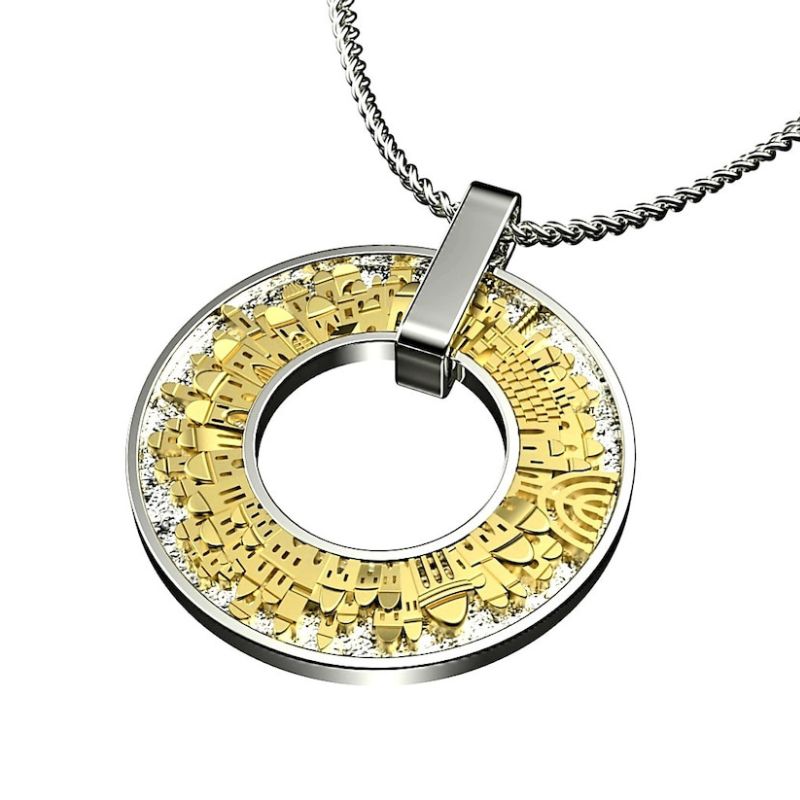 925 Silver 9k Gold 3D Jerusalem Pendant Close View