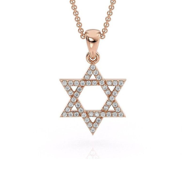 14K Rose Gold Star of David Pendant With Diamonds Stones