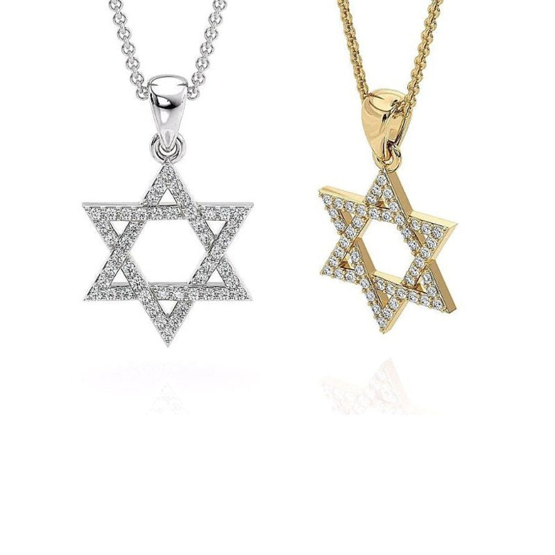 14K Gold Star of David Pendant With Diamonds Stones Pairs