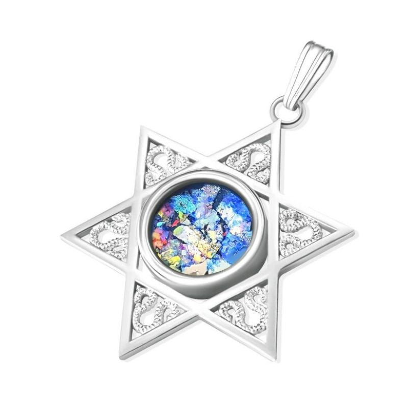 14k White Gold Star of David Roman Glass Pendant Close Vie