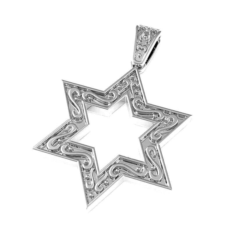 14k White Gold Ornamented Star of David Pendant close view