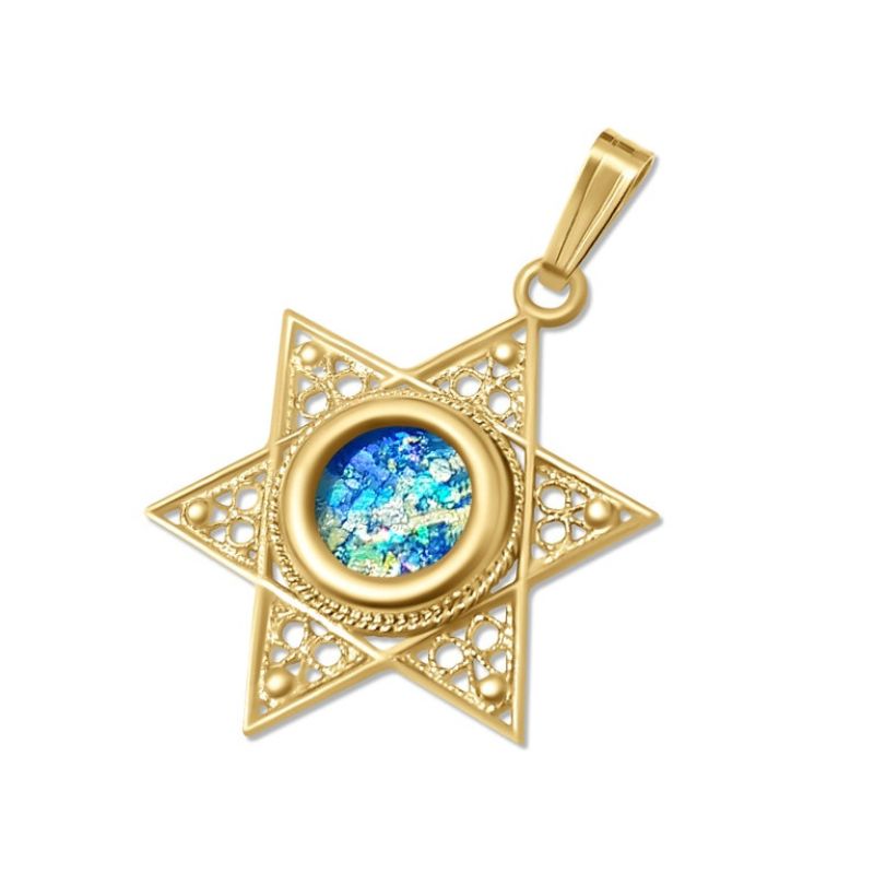 14k Yellow Gold Star of David Roman Glass Pendant Close View