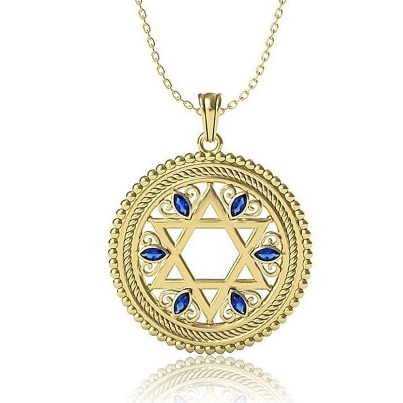 14k Gold Filigree Star of David Pendant With Sapphires Front View