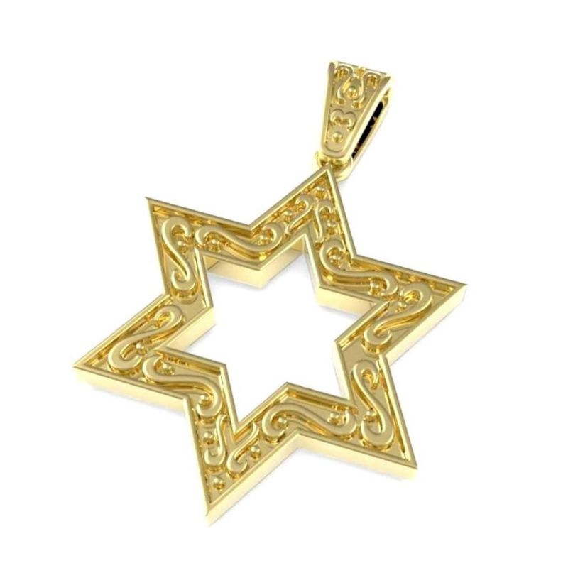 14k Yellow Gold Ornamented Star of David Pendant Close View