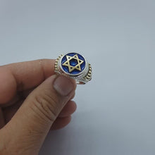 925 Silver 9K Gold Star of David Ring With Blue Enamel real view